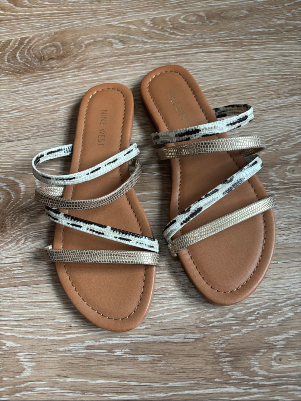 NWOT Nine West strappy slide sandal, metallic gold and snakeskin print, size 7